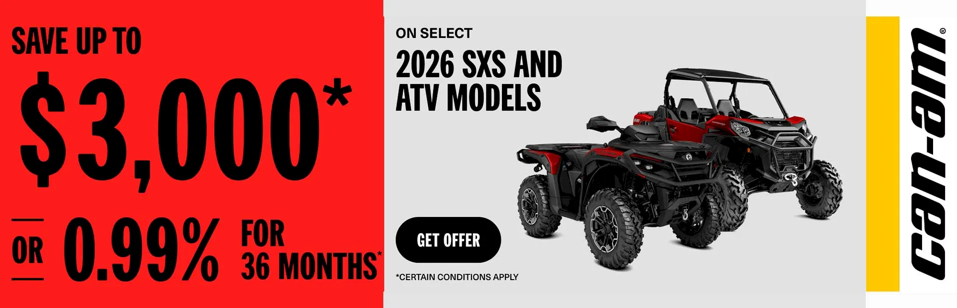 You are currently viewing Save up to $3,000 or 0,99% for 36 months on select 2026 SXS and ATV models – Side x Side